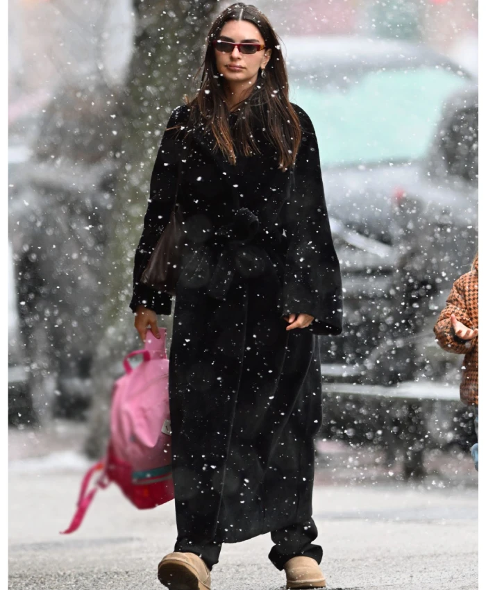 Emily Ratajkowski New York Snow Black Coat