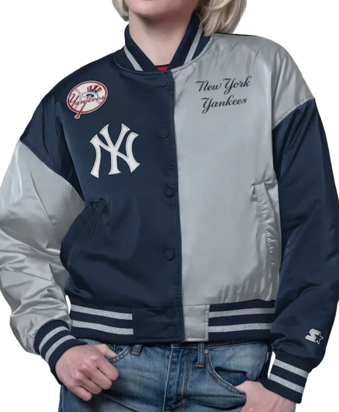 New York Yankees Offside Navy And Gray Full Snap Satin Jacket