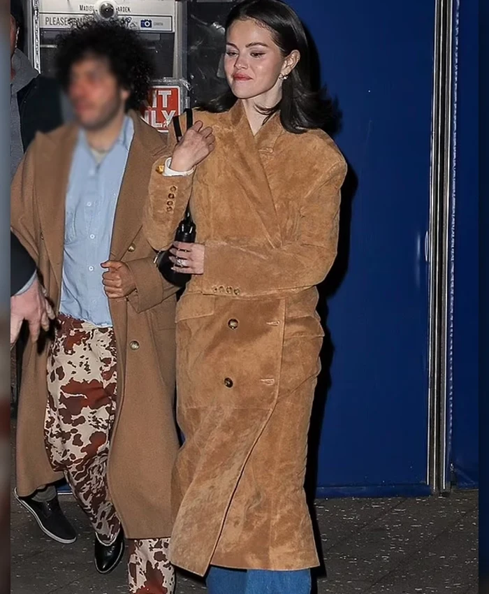 New York Knicks Game Selena Gomez Double Breasted Brown Suede Coat