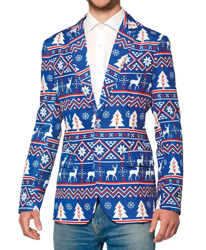 Nordic Christmas Printed Blue Blazer