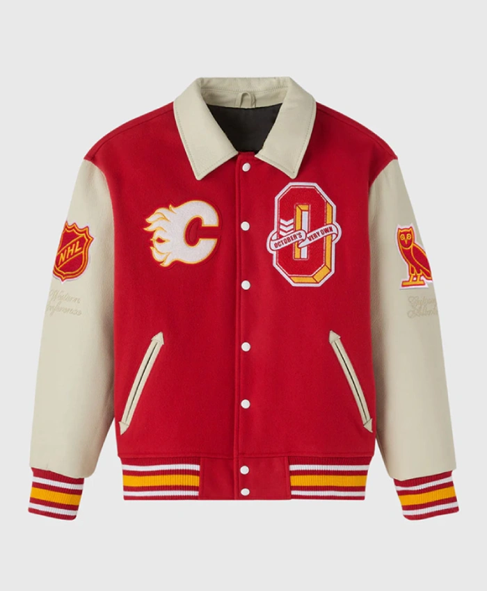 OVO Calgary Flames Red And Beige Varsity Jacket