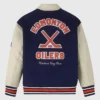 OVO Edmonton Oilers NavyBeige Full Snap WoolLeather Varsity Jacket