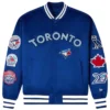 OVO X New Era X MLB Toronto Blue Jays Satin Blue Varsity Jacket