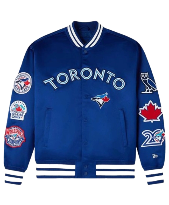 OVO X New Era X MLB Toronto Blue Jays Satin Blue Varsity Jacket