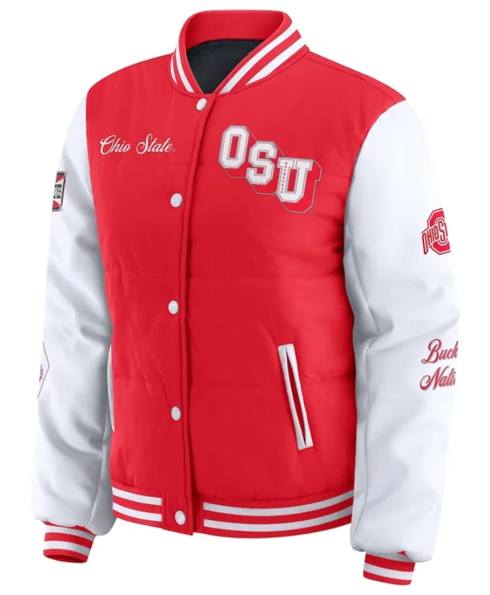 Ohio State Buckeyes Scarlet And White Full Snap Varsity PufferJacket