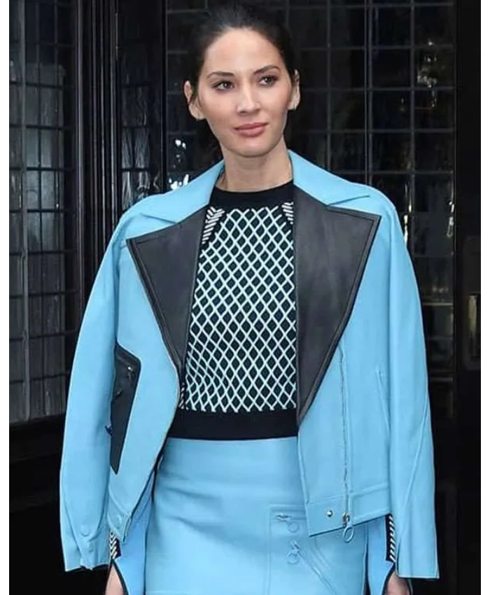 NYC Olivia Munn Blue Leather Jacket