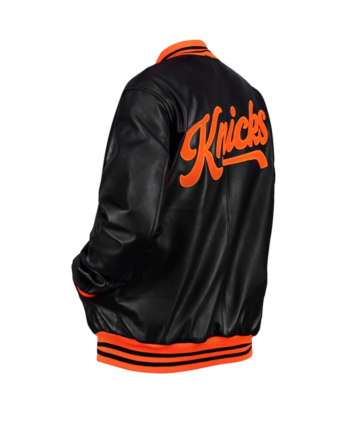 Order New York Knicks Black And Orange Leather Varsity Jacket