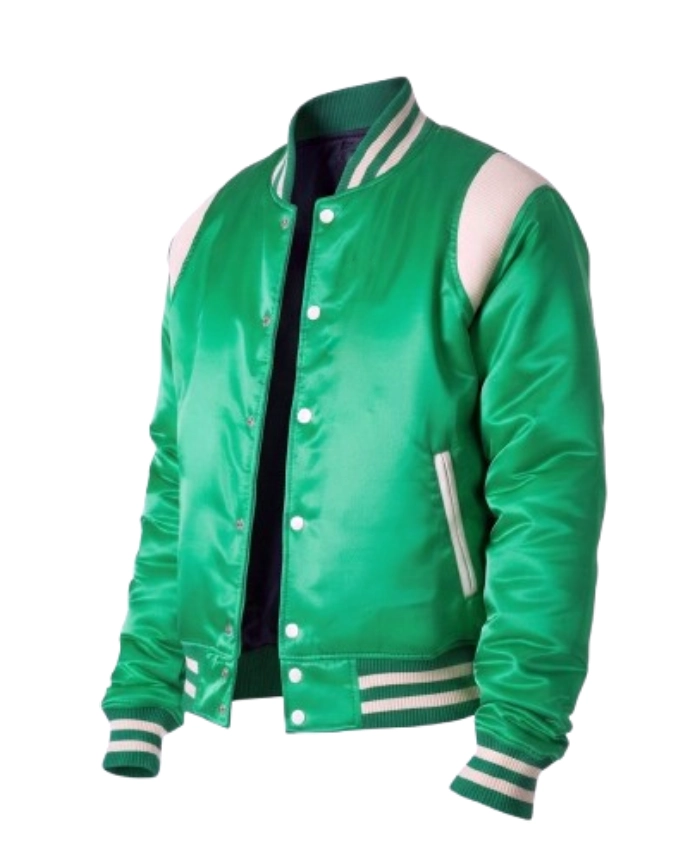 Order Trendy Satin Green Full Snap Letterman Varsity Jacket