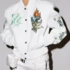 POP ROMANCE x OFF White WNBA New York Liberty White Leather Letterman Jacket