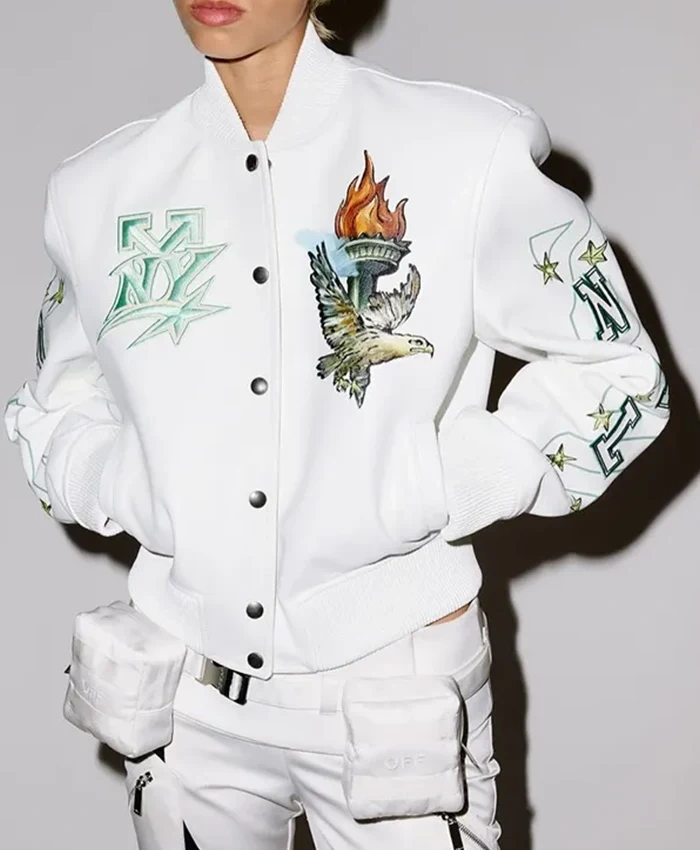 POP ROMANCE x OFF White WNBA New York Liberty White Leather Letterman Jacket