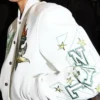 POP ROMANCE x OFF White WNBA New York Liberty White Leather Letterman Varsity Jacket