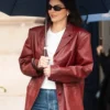 Paris 2025 Kendall Jenner Maroon Leather Blazer