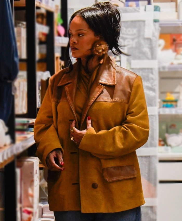 Paris 2026 Rihanna Miu Miu Mustard Suede And Real Leather Jacket