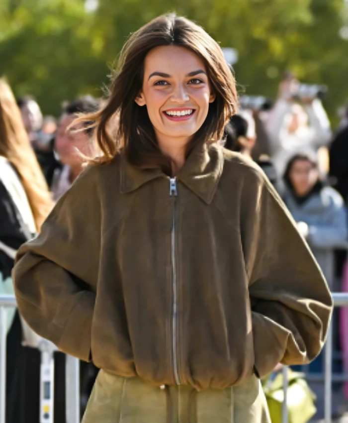 Emma Mackey PFW Brown Suede Jacket