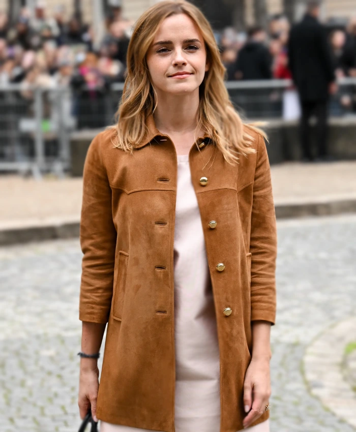 Paris Fashion Week 2025 Emma Watson Brown Suede Jacket