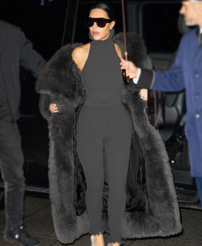 Paris Fashion Week 2025 Kim Kardashian Black Fur Long Coat