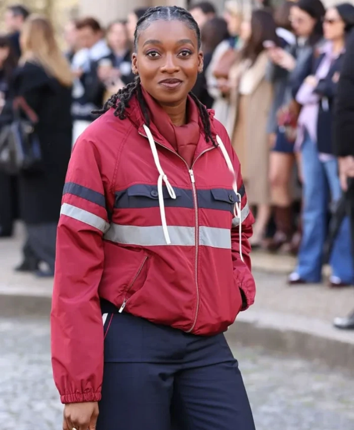 Paris Fashion Week 2026 Little Simz Red Jacket With Navy And Grey Stripes On Front