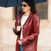 Paris Kendall Jenner 2025 Maroon Leather Blazer