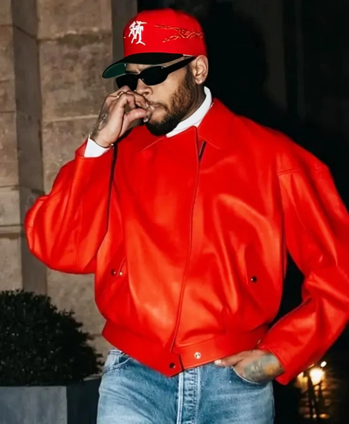 Paris Street Style 2026 Chris Brown Red Leather Jacket