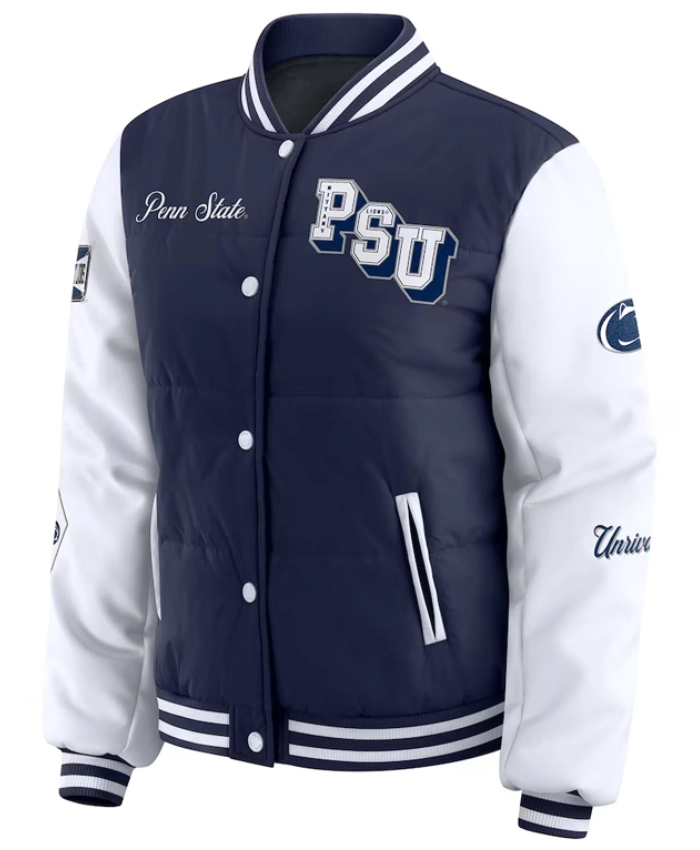 Penn State Nittany Lions Full Snap Navy And White Varsity Puffer Jacket