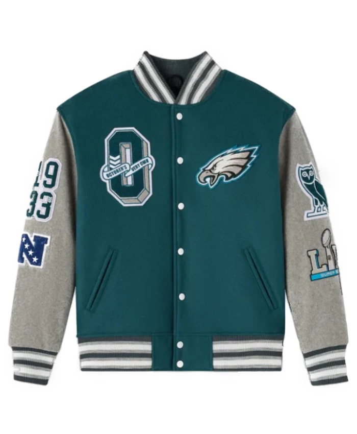 Philadelphia Eagles X OVO Green And Grey Wool Varsity Jacket
