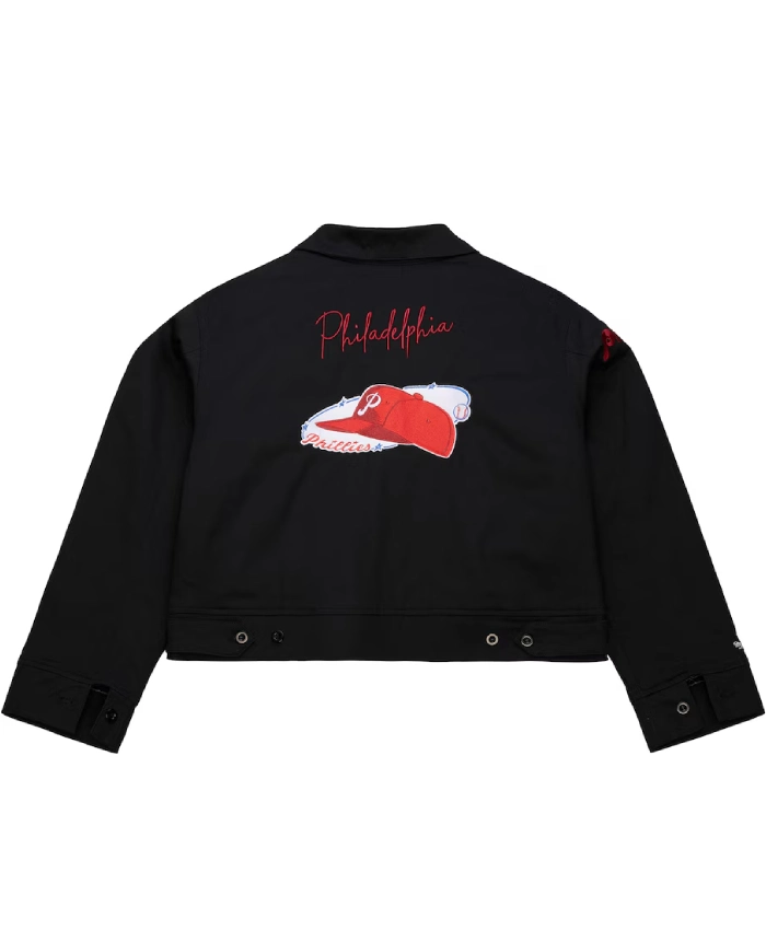 Philadelphia Phillies Cropped Zip Up Mechanic Black Cotton Jacket