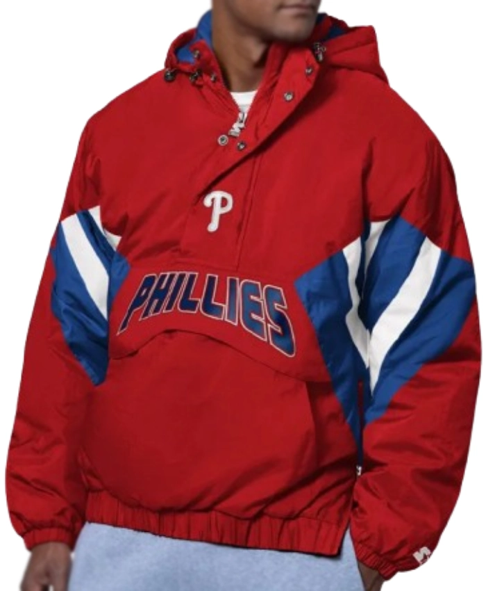 Philadelphia Phillies Line Up Breakaway Crinkle Popover Half Zip Pullover Red Hooded Jacket