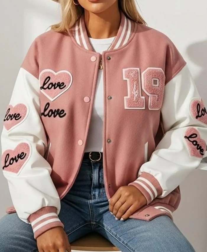 Pink Love Patch Valentine Varsity Jacket