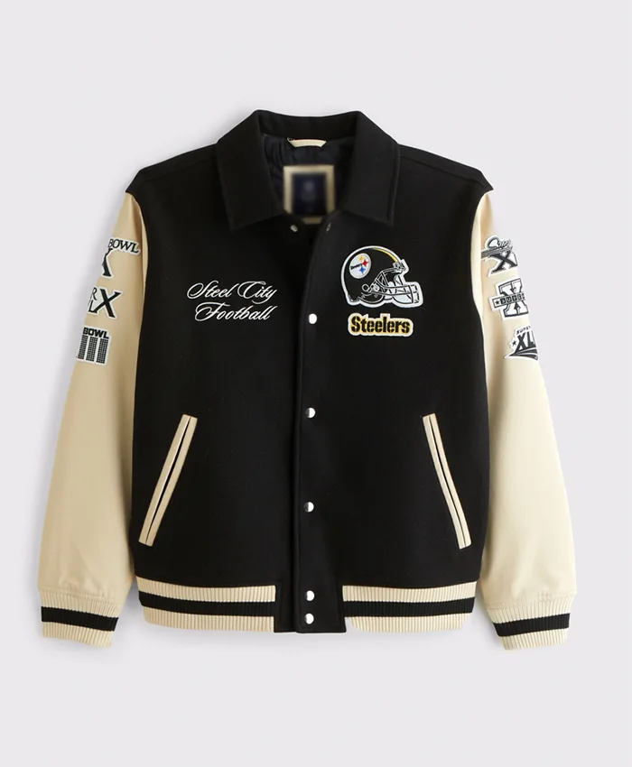 Pittsburgh Steelers Black And OFF White Varsity Jacket