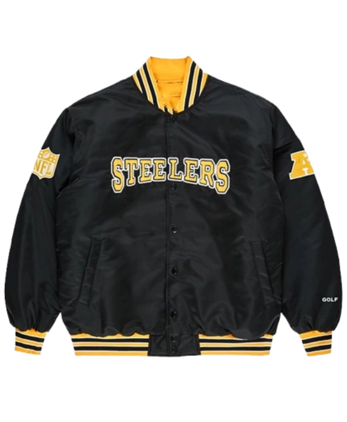 Pittsburgh Steelers Golf Wang 2025 Black Satin Full Snap Bomber Jacket