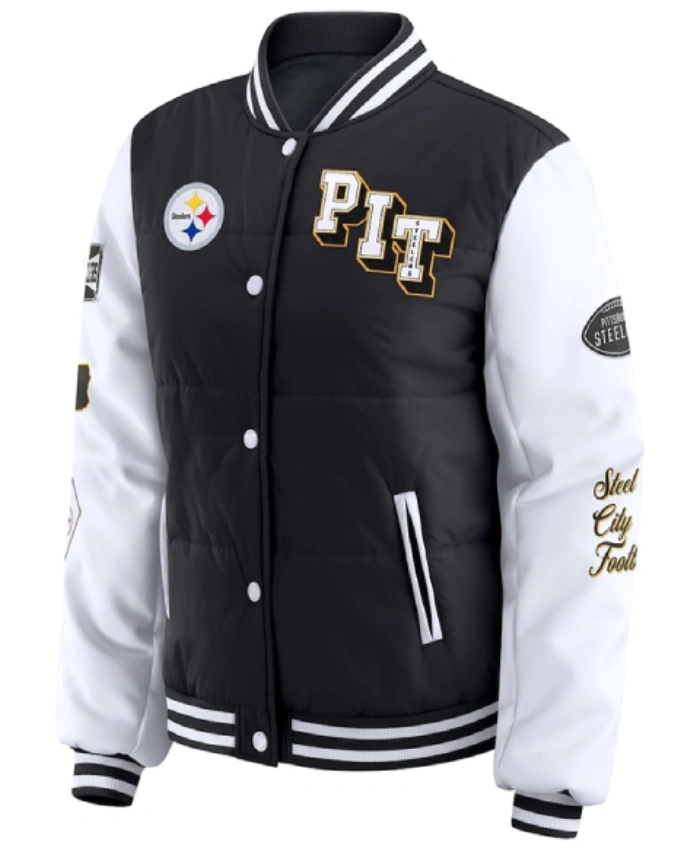 Pittsburgh Steelers WEAR By Erin Andrews Black And White Full Snap Varsity Puffer Jacket