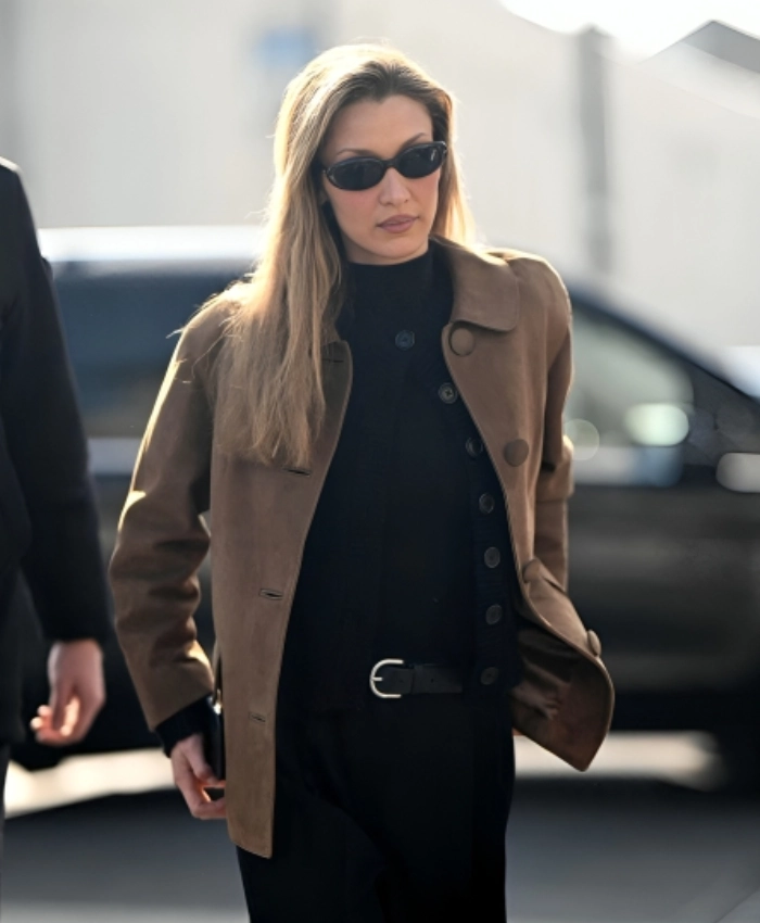 Bella Hadid Milan 2026 Suede Jacket