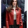 Queen Letizia National Disability Awards Ceremony Red Leather Jacket