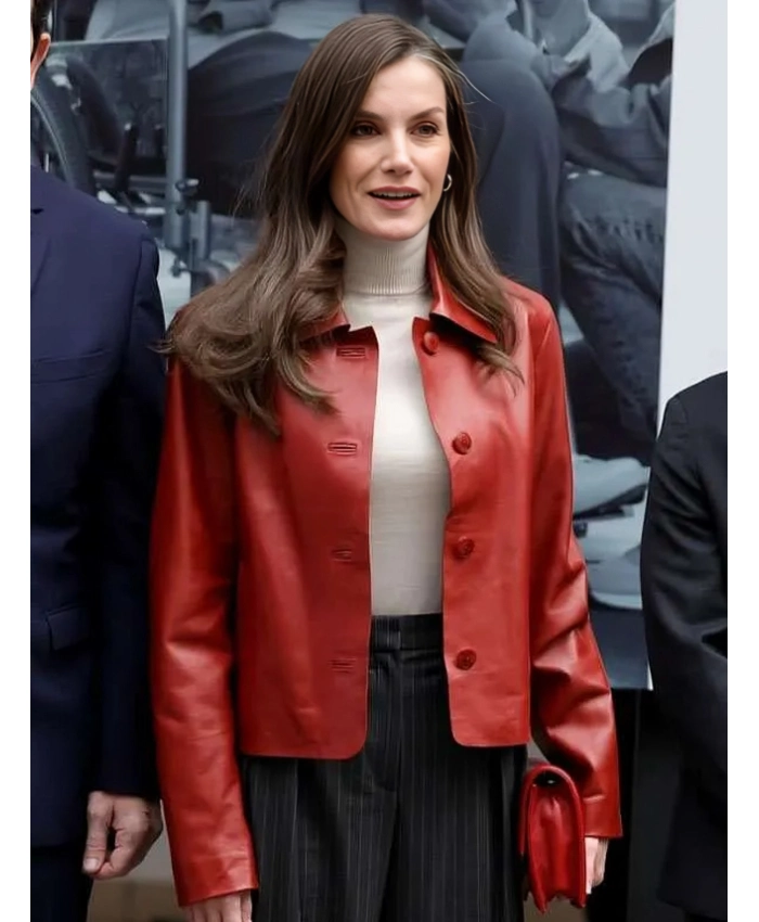 Queen Letizia National Disability Awards Ceremony Red Leather Jacket