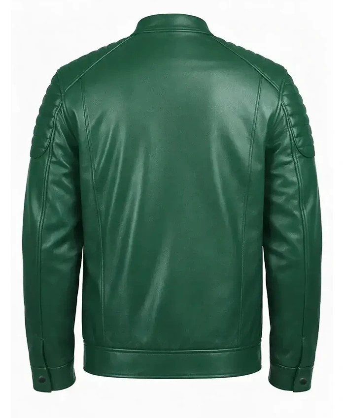 Quilted Shoulder Green Leather Jacket - Image 2