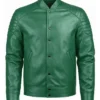 Quilted Shoulder Green Leather Zip Up Jacket For Men