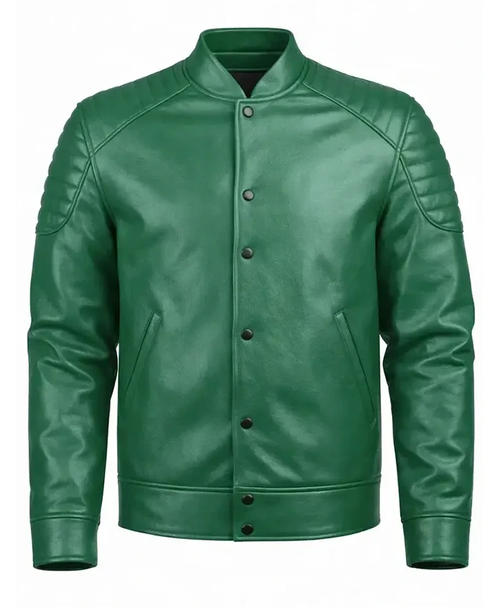 Quilted Shoulder Green Leather Jacket