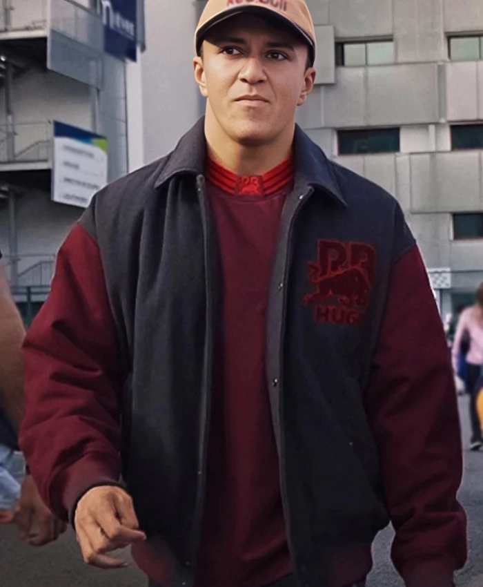 Racer Isack Hadjar HUGO X RB Grey And Maroon Varsity Bomber Jacket