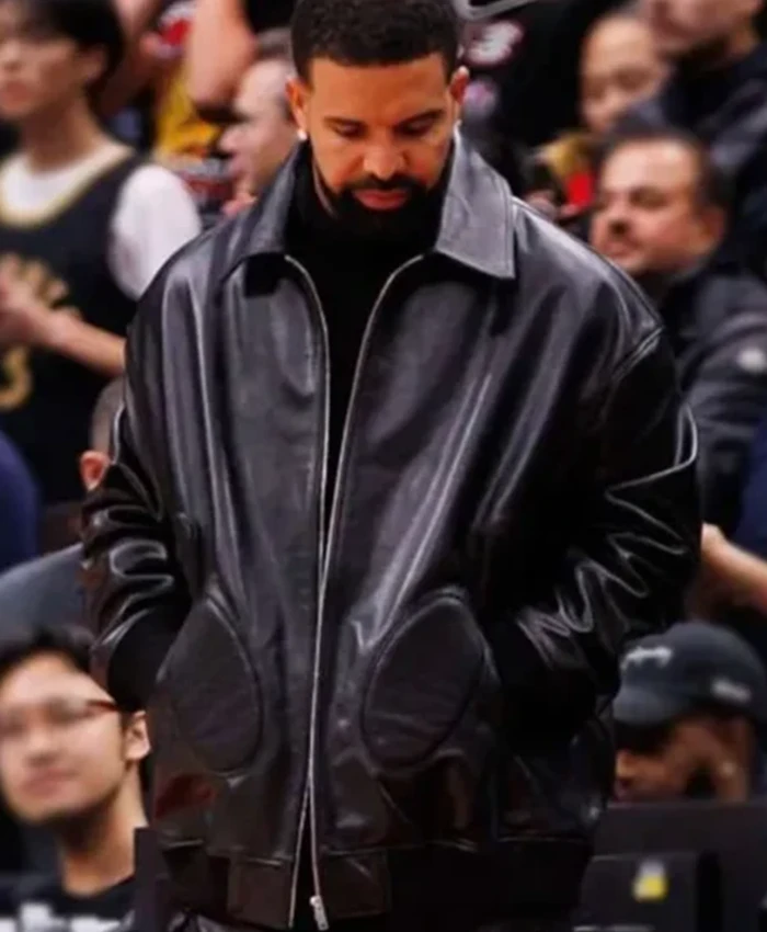 Raptors VS Warriors Game Drake Black Leather Jacket