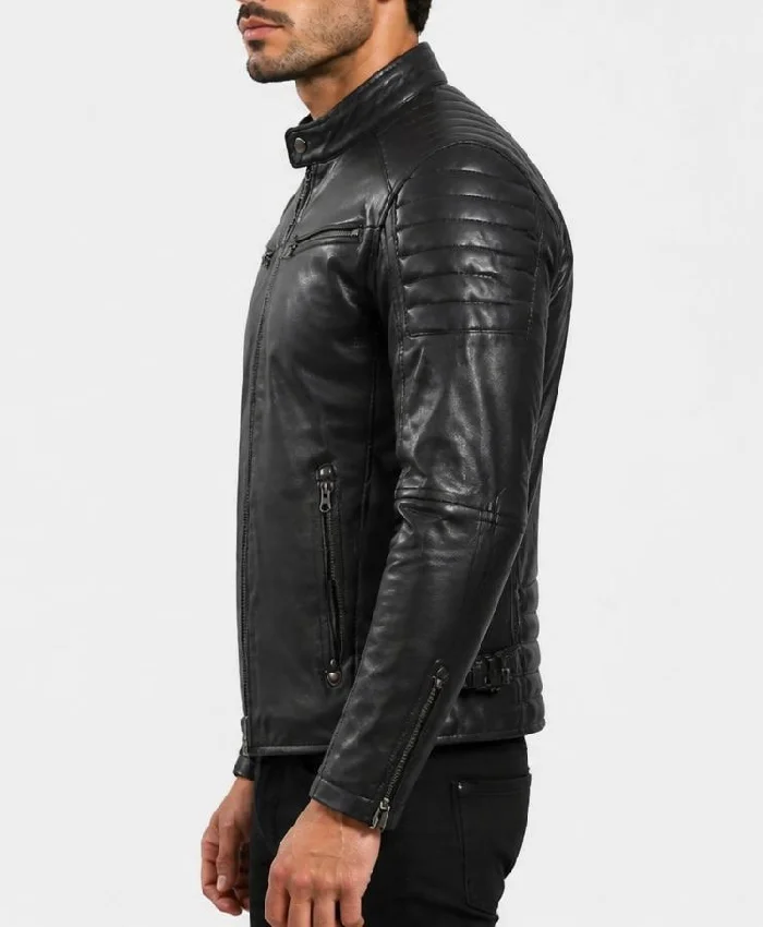 Real Leather Black Biker Style Jacket Mens