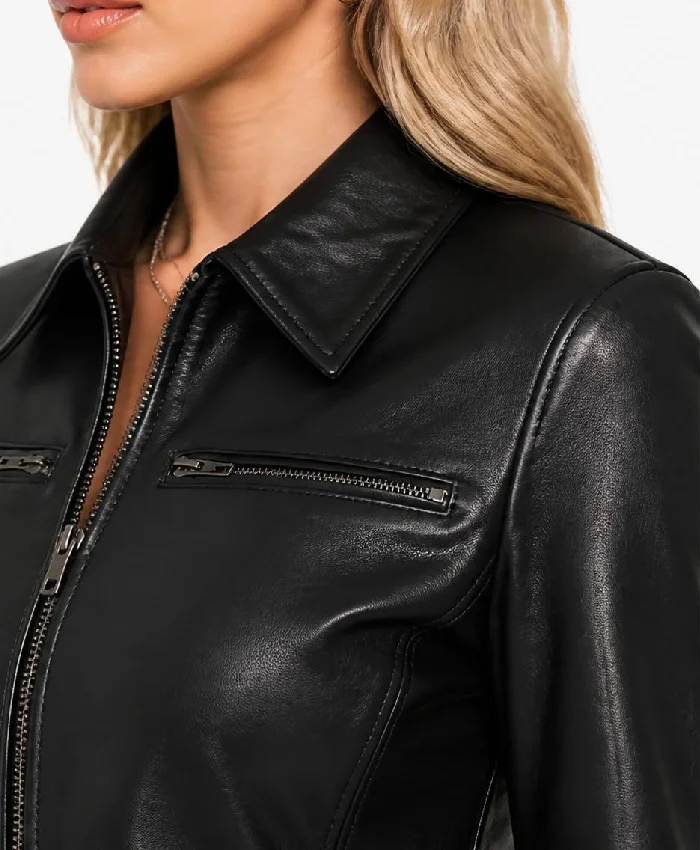 Real Leather Black Harrington Jacket Women