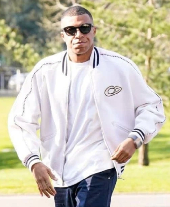 Real Madrid Superstar Kylian Mbappe Christian White Dior Varsity Bomber Jacket