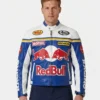 Red Bull Racing Themed Blue Motorcycle Blue And White Leather Jacket
