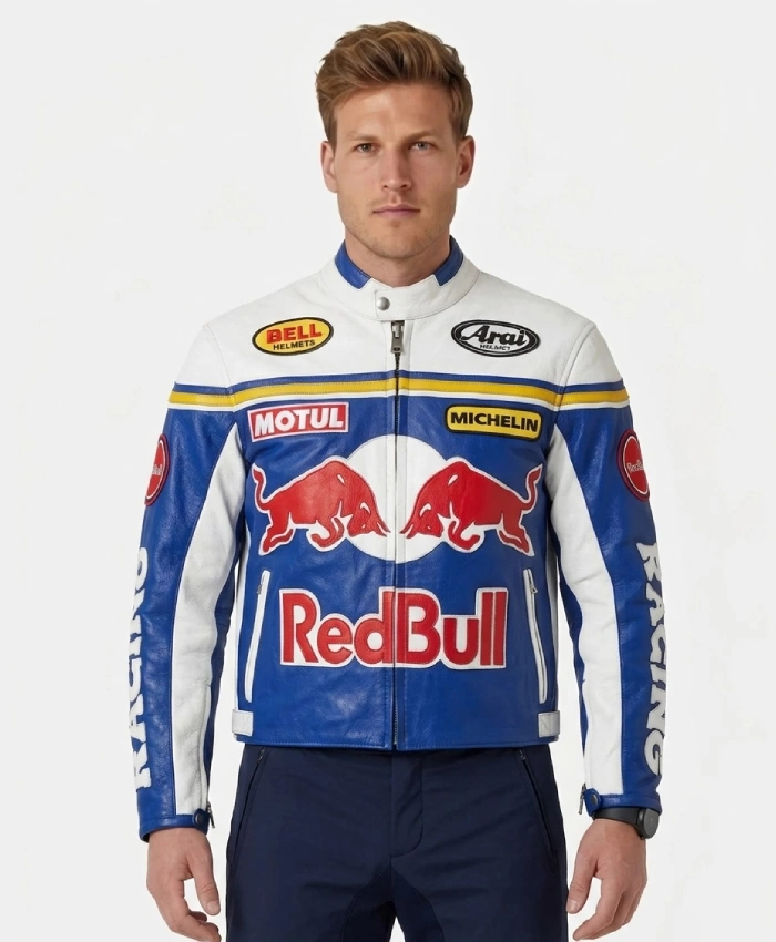 Red Bull Racing Themed Blue Motorcycle Blue And White Leather Jacket