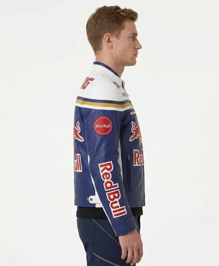 Red Bull Racing Themed Blue Motorcycle Leather Jacket