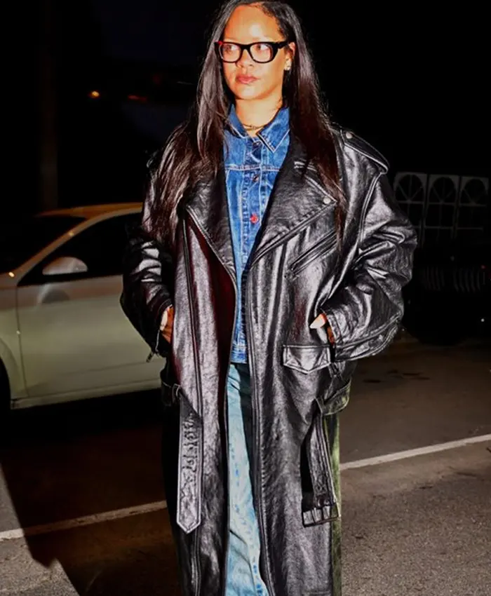 Rihanna 2025 Los Angeles Black Leather Coat