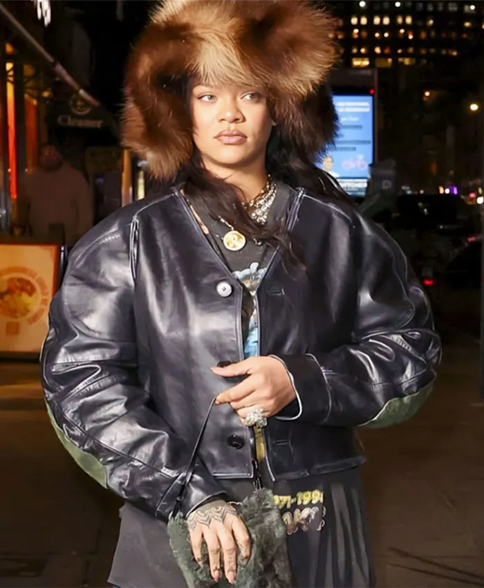 Rihanna Nyc Cropped Black Leather Jacket