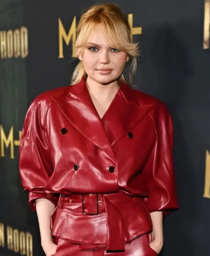 Robin Hood Premiere 2025 Elena Matei Red Leather Jacket - Image 2