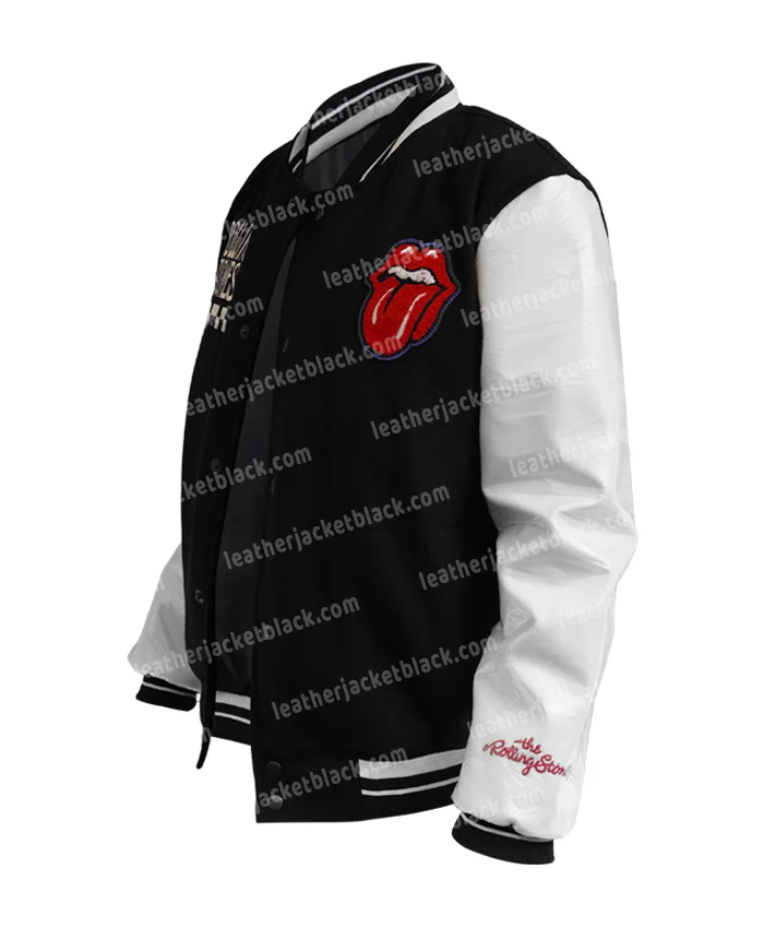 Rolling Stones Black Full Snap Wool And PU Leather Varsity Jacket For Unisex