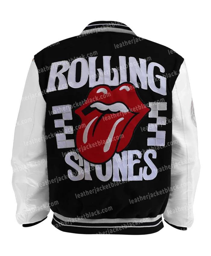 Rolling Stones Black Full Snap Wool And PU Leather Varsity Jacket